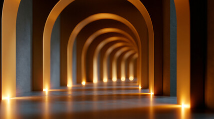 Obraz premium Golden archway tunnel with warm glowing light receding into the distance for an immersive and atmospheric concept. Golden tunnel archway, warm glow, receding distance, atmospheric