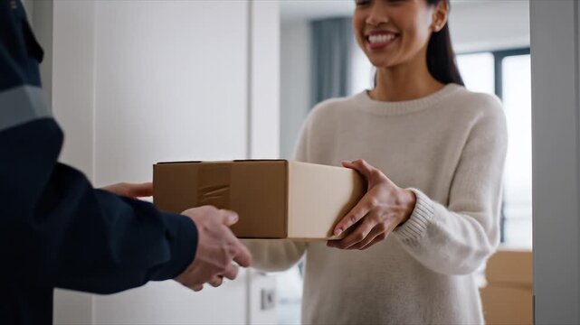 Close-up stock footage of a postal worker in official uniform handing a medium cardboard parcel to a smiling young woman inside a modern apartment doorway, hands exchanging package, indoor natural day