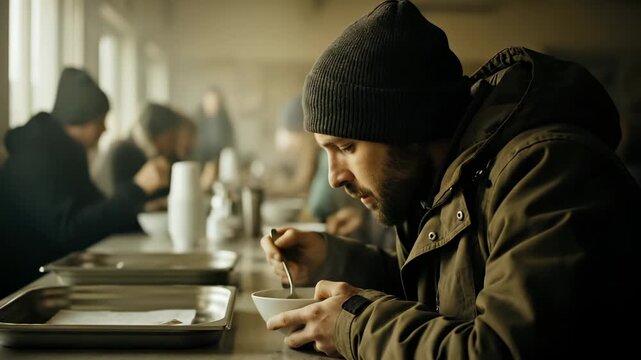Homeless man eats soup at shelter kitchen table. People receive meal at community shelter. Man eating warm soup during food service. Homeless shelter provides soup and meal assistance to people.