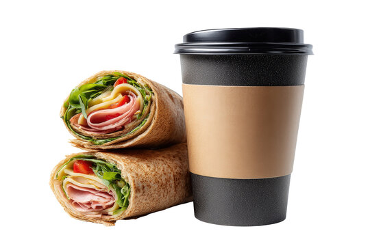 Fresh wrapped ham and cheese sandwich beside black takeaway coffee cup isolated on transparent background showing side view for professional fast food menu design and cafe marketing