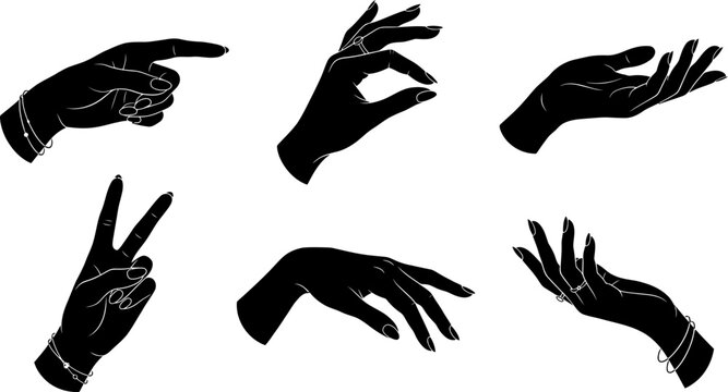 Detailed set of elegant hand gestures showcasing various communicative poses rendered as a high quality black and white vector illustration