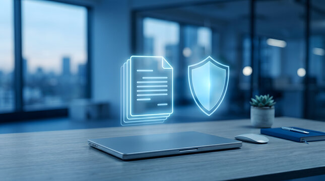 Digital compliance documents and security shield hologram above laptop in a modern blue office space