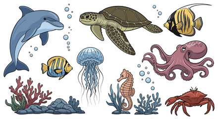 Fototapeta premium Colorful ocean creatures and coral reef.