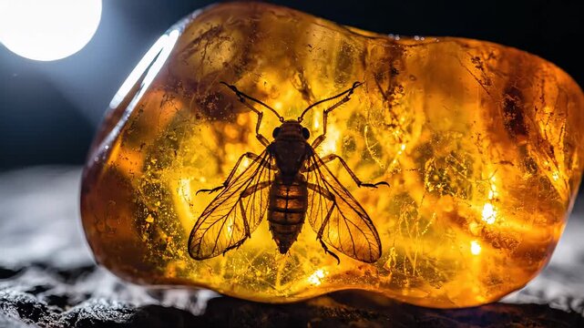 Preserved ancient insect within a glowing amber nugget