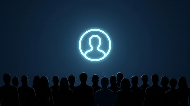 Silhouette crowd facing glowing user profile icon for digital identity and community access concepts