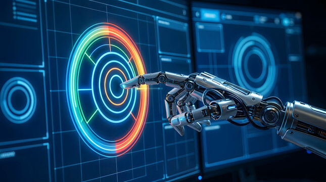 Robotic hand touching colorful analytics interface for AI data automation and smart insight concepts