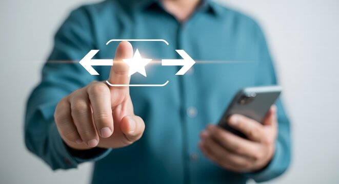Businessman holding smartphone sliding glowing star rating scale option slider button.