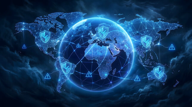 Global cybersecurity network with shield and warning alerts across stormy digital world map at night