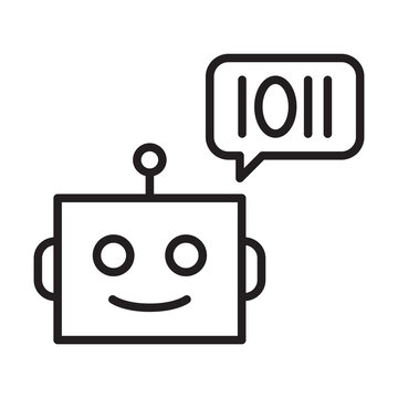 AI chatbot language model line icon with robot head and binary code bubble