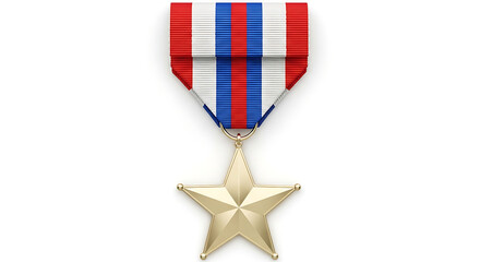 Fototapeta premium A gold star medal with a red white and blue ribbon isolated on white background
