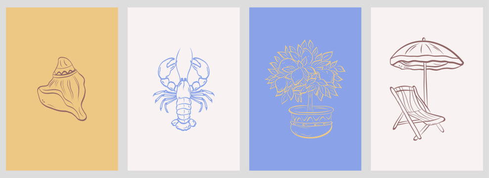 Summer vacation doodle poster or placard set. Hand drawn Italian coastal elements lemons, seafood, lobster, shell for poster and placards prints. Vector.