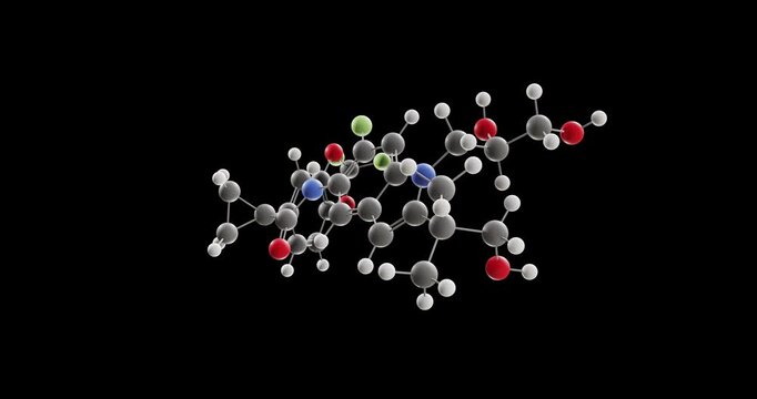 Tezacaftor molecule, rotating 3D model of cftr corrector, looped video on a black background
