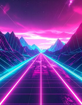 Synthwave outrun highway neon grid mountain landscape background for immersive digital branding and advertising design