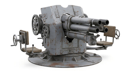 Fototapeta premium A detailed model of a large military anti-aircraft gun sits on a circular base outdoors.