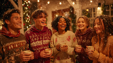 Fototapeta premium Heartfelt laughter fills the winter air as diverse young friends share festive joy and warm drinks outdoors, creating cherished memories under falling snow during the holidays