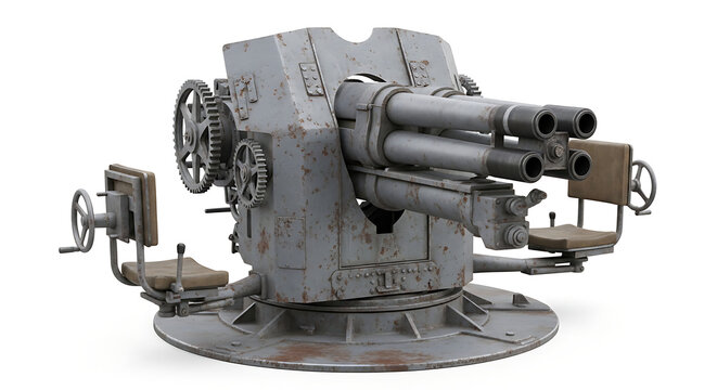 A detailed model of a large military anti-aircraft gun sits on a circular base outdoors.