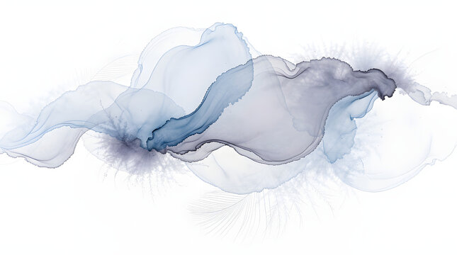 Abstract alcohol ink painting with translucent layers of sky blue and dusty indigo on white background