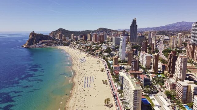 Aerial view of Benidorm beach and modern skyline Spain