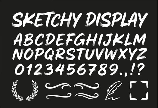 Hand drawn white chalk alphabet set on blackboard background, handwritten chalk lettering collection