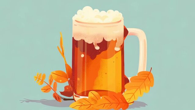 Mug of beer surrounded by autumn leaves for seasonal celebration. Festive alcoholic drink icon on blue background for octoberfest design template and drink menu.