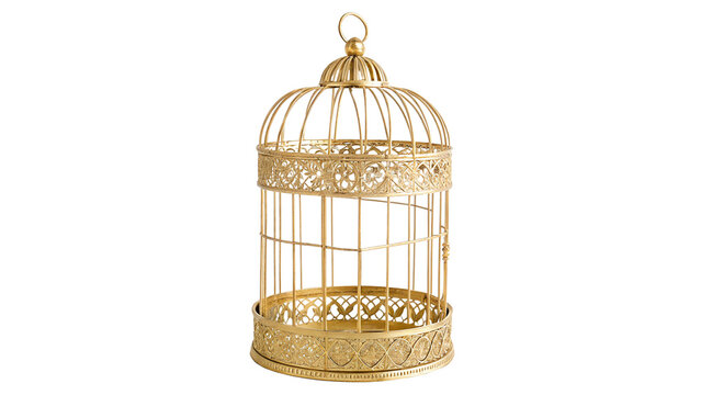 An elegant vintage golden metallic decorative bird cage placeholder for wedding or home interior isolated on transparent background cut out