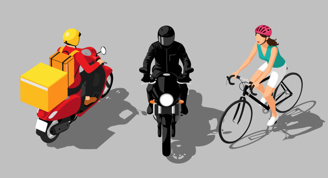 Three different types of transportation a scooter with a delivery box, a motorcycle, and a bicycle with a rider