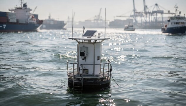 Medium shot of a solarpowered smart buoy anchored at a busy harbor entrance its GPS and AIS systems ensuring precise vessel monitoring amid daytime light.