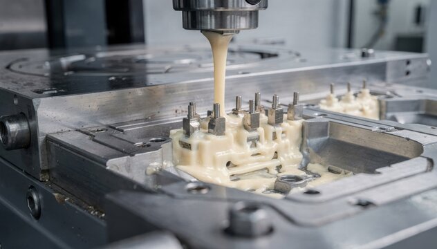 Medium view of industrial molding press injecting durable plastic casings over metal connector pins emphasizing firmness and assembly accuracy.