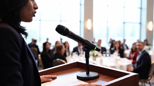 A speaker addresses an audience from behind a podium with a microphone