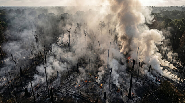 Engulfing thick white plumes of haze as heat radiates through charred vertical wood remains amidst a degrading environmental landscape and disaster.