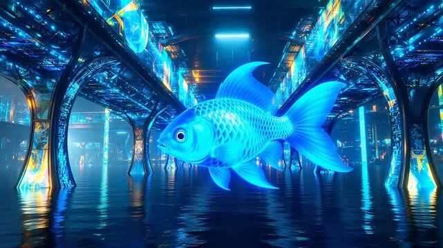 未来的な構造の中に浮かぶ光り輝く青い魚は,クリエイティブな背景やモダンなウェブデザインに最適です。