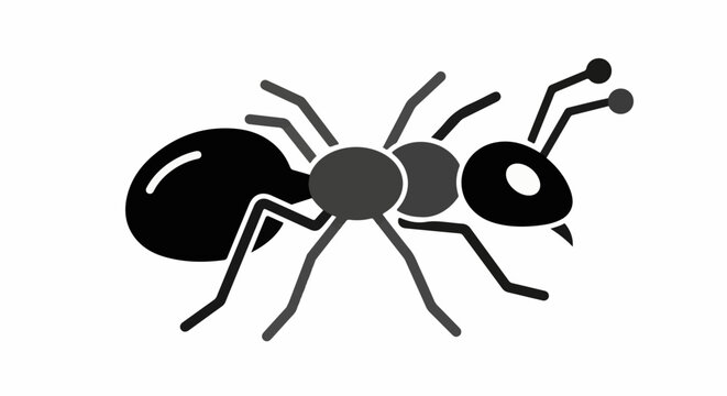 Stylized black ant with grey segments and limbs, and white eye detail