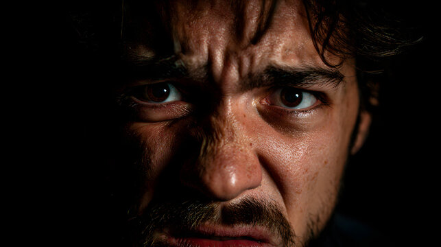 Close-up portrait of a man with an intense, angry, and frustrated expression conveying strong emotion
