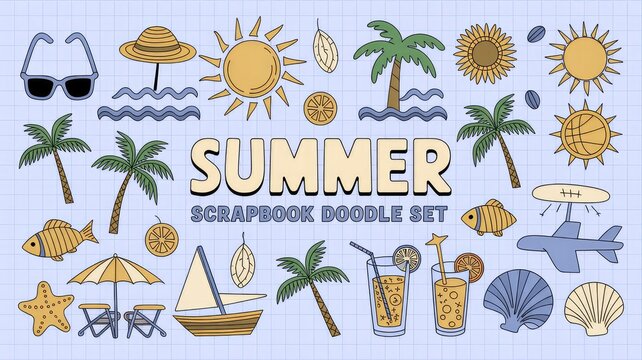 A playful summer-themed doodle illustration set featuring hand-drawn beach and vacation icons arranged across a soft beige grid background. Designed in a sketchy pink and black line-art style, the com