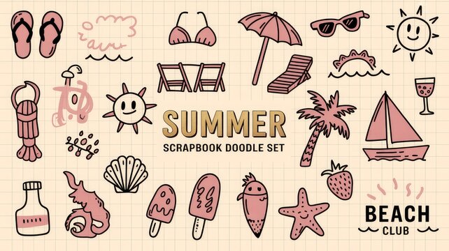 A playful summer-themed doodle illustration set featuring hand-drawn beach and vacation icons arranged across a soft beige grid background. Designed in a sketchy pink and black line-art style, the com