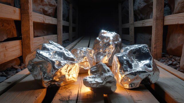 Shiny metallic ore rocks illuminated inside a rustic wooden storage area