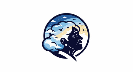 Obraz premium Silhouette of an elder woman's profile with a sky and birds in her hair, against a white background