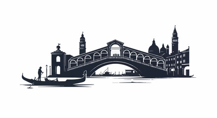 Naklejka premium Silhouette of an iconic arched bridge over water with gondolas and city skyline