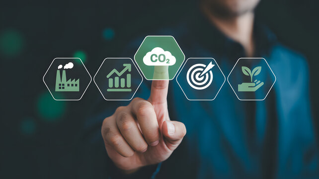 Man interacting with digital interface for eco friendly business solutions and carbon footprint reduction