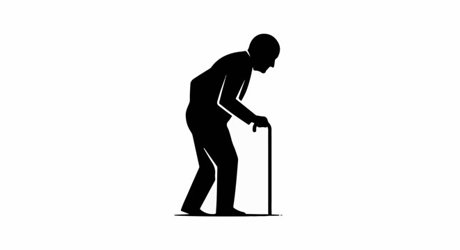 Silhouette of an elderly person with a cane, walking with a stoop