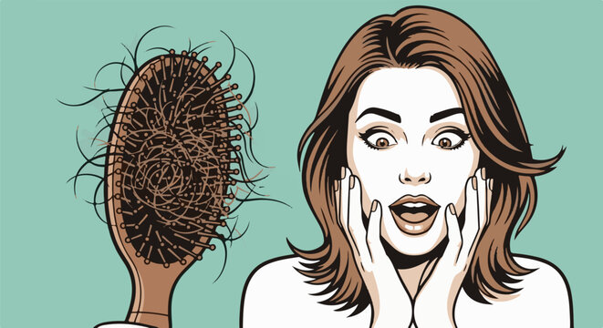 Shocked woman holding hairbrush full of hair