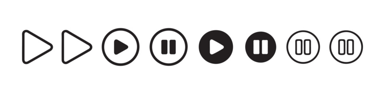 Set of minimalist play and pause media control buttons on transparent background vector design.