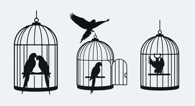 Silhouette of birds in and around cages, symbolizing freedom and confinement