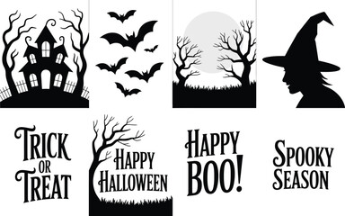 Halloween vector graphics: haunted houses bats moon witch hat greetings with haunted house trick or treat spooky season © Md Mujahid Fakir