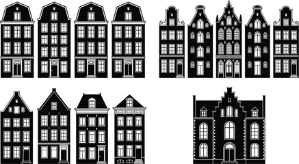 Set of traditional Dutch house silhouettes with historic facades and gables isolated on white background vector illustration © Md