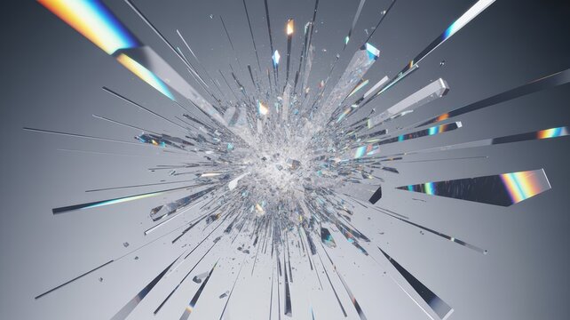 Shattered Glass Explosion with Sharp Fragments and Light Reflection