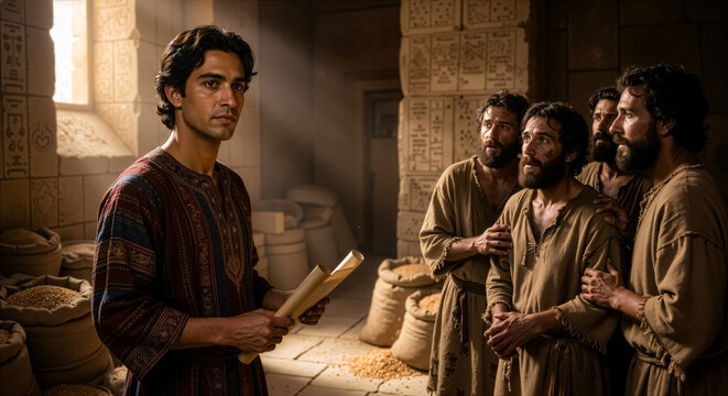 Biblical scene of Joseph and his brothers meeting in an ancient Egyptian granary. Man in ornate robes holding a scroll before anxious bearded men. Old Testament religious history concept