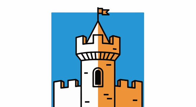 Stylized castle tower with flag on top, set against a blue background