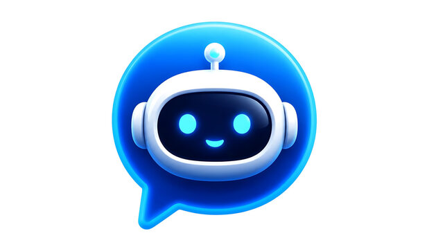 Smiling robot character with glowing blue eyes in speech bubble futuristic chatbot symbol with white and blue color scheme
