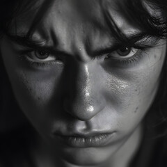 Naklejka premium Intense close-up portrait capturing a young person's raw emotion of frustration and anger, with dramatic lighting